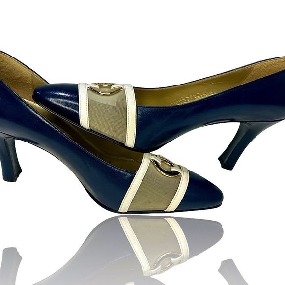 Yves Saint Laurent Shoes - ONE DAY SALE VINTAGE Yves Saint Laurent Navy Patent leather Pumps, Beige, WHITE